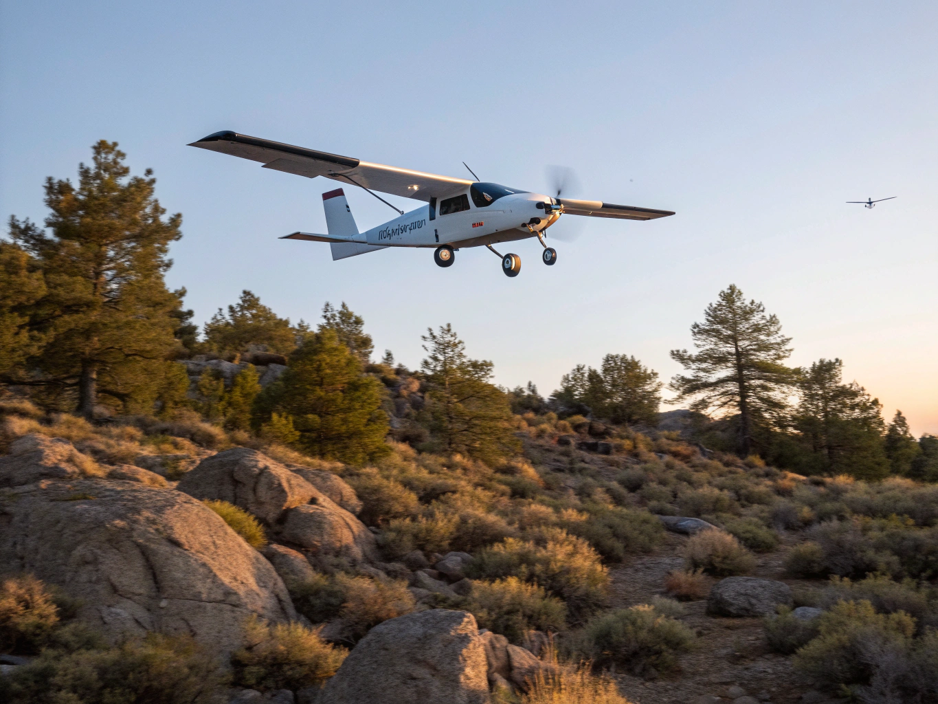 Aircraft in cruise over northern terrain