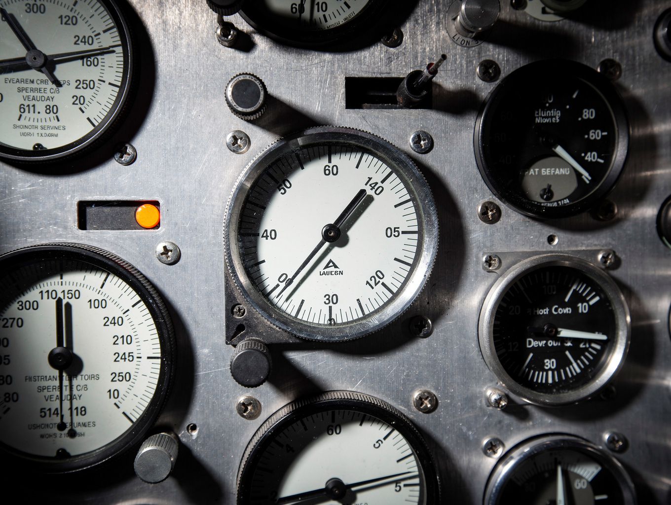 Close-up of a technical aircraft instrument panel with high precision