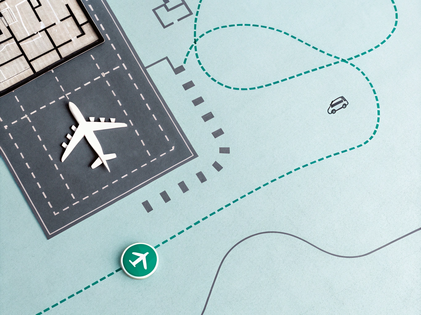Technical schematic of a flight path over a dark navy background