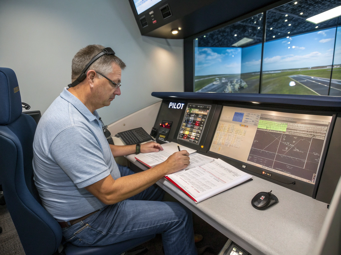 Pilot reviewing charts in a hangar