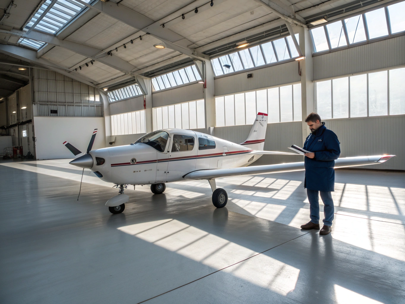 Private aircraft in a hangar at sunset