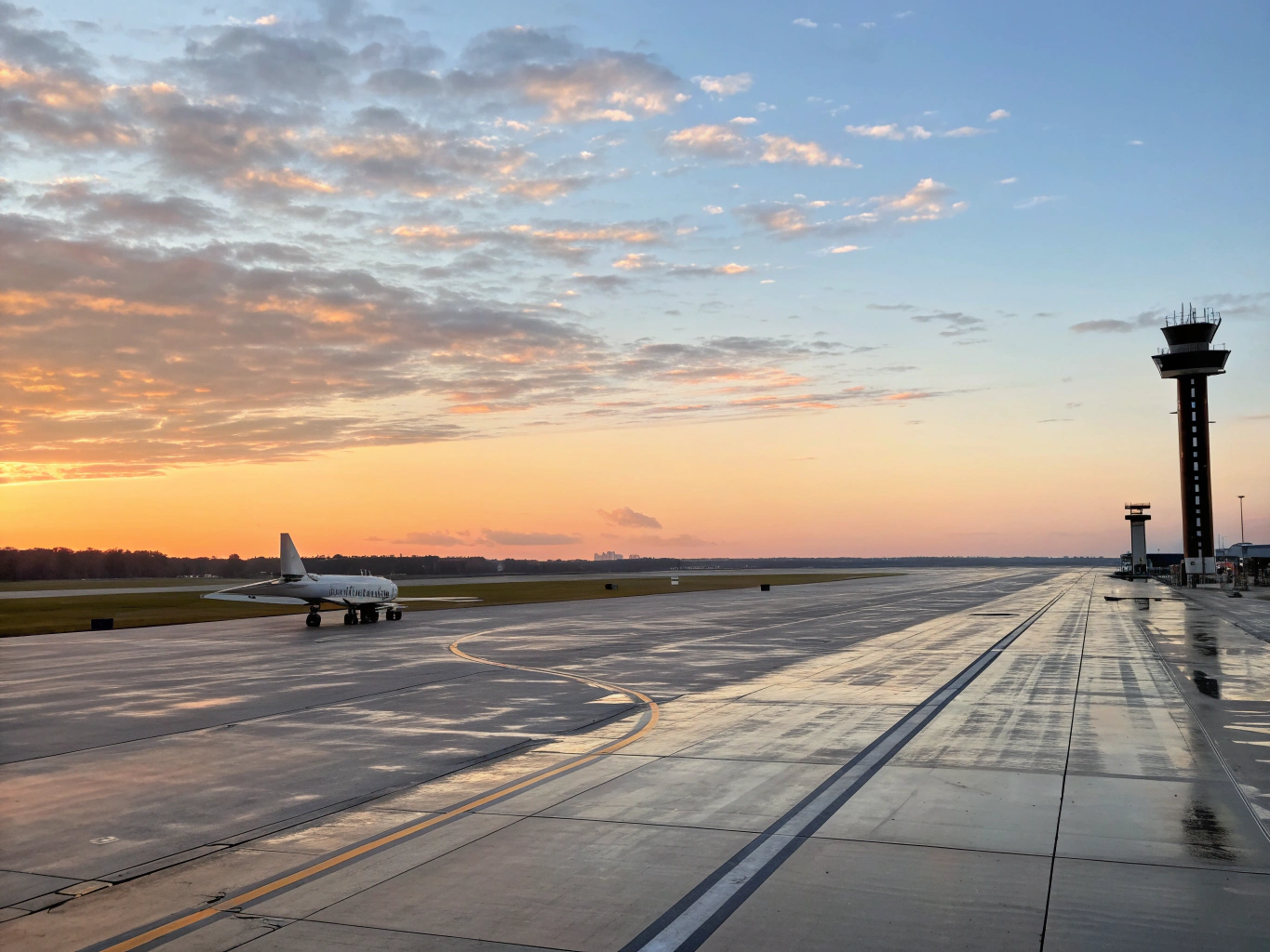 Runway lights at dawn looking toward the horizon
