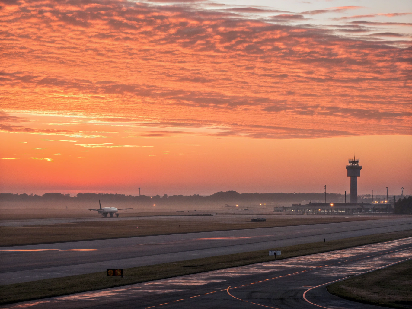 A runway at dawn with lights guiding the way for a smooth takeoff