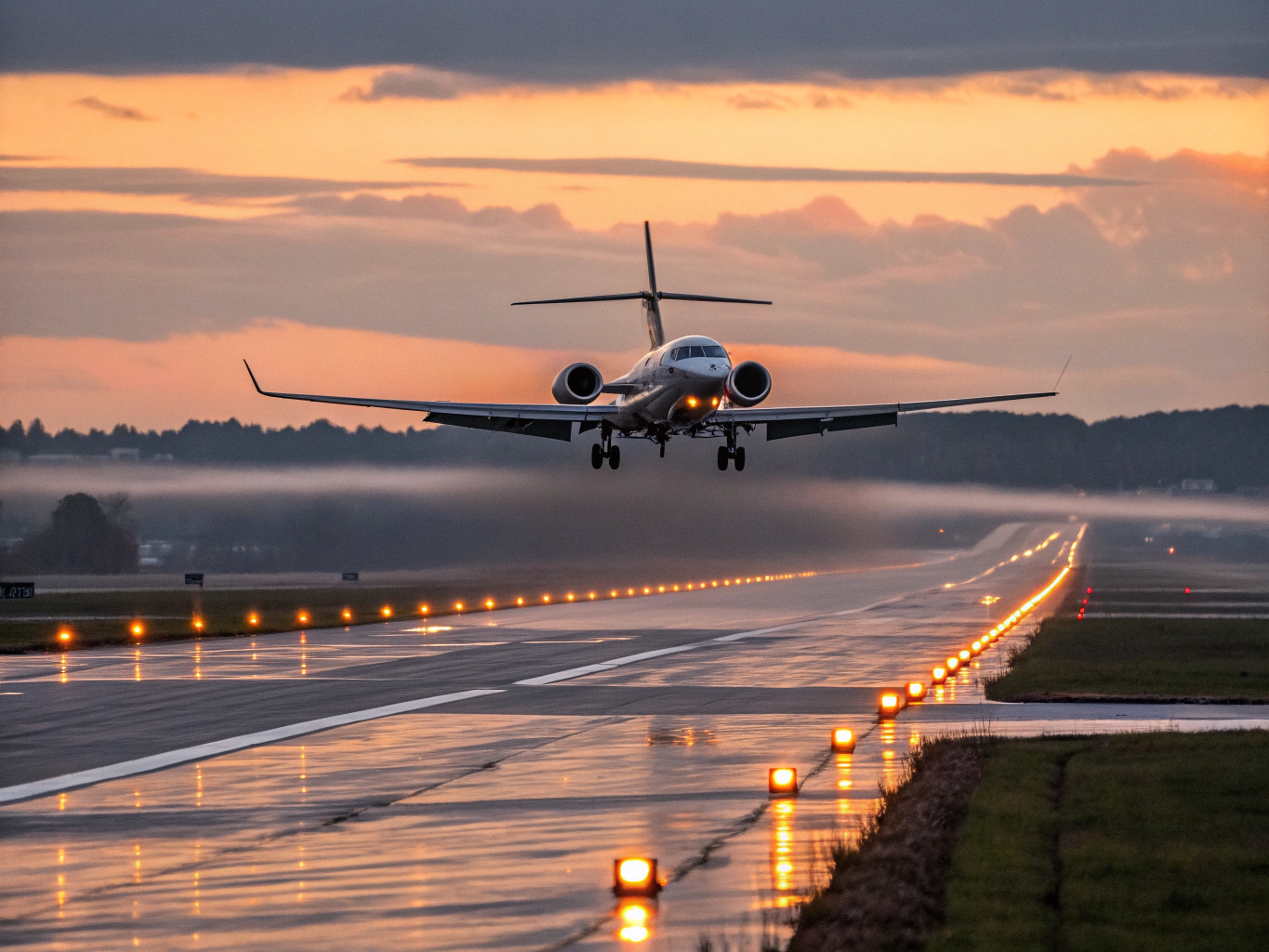 Aircraft parked on a runway at sunset